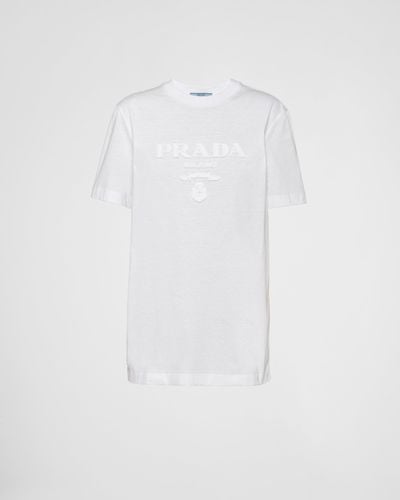Prada T-shirt In Jersey Ricamata - Bianco
