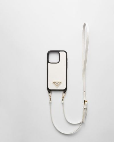 Prada Saffiano Leather Cover For Iphone 15 Pro - White