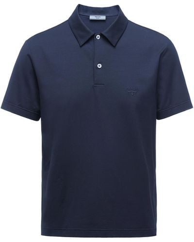 Prada Stretch Cotton Polo Shirt With Embroidered Logo - Blue