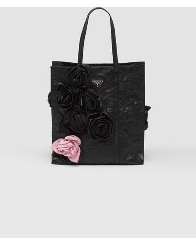 Prada Medium Antique Nappa Leather Tote With Flowers - Black