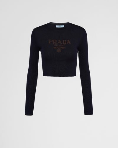 Prada Cropped Silk Sweater With Logo - Black
