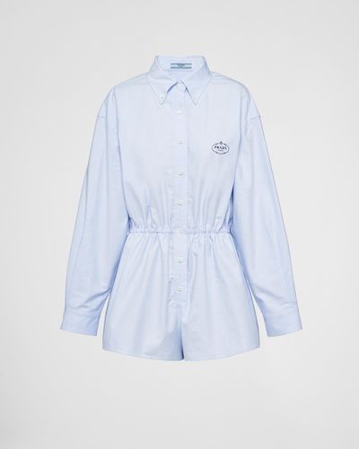 Prada Embroidered Oxford Cotton Jumpsuit - Blue