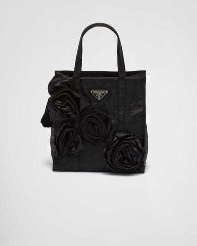 Prada Antique Nappa Leather Mini Tote With Flowers - Black