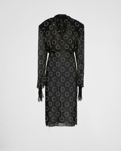Prada Embroidered Georgette Dress - Black