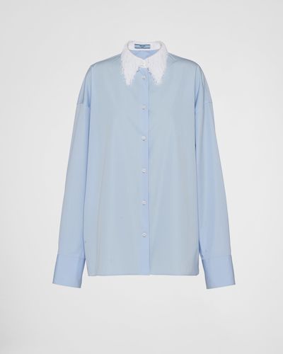 Prada Poplin Shirt With Fringed Collar - Blue