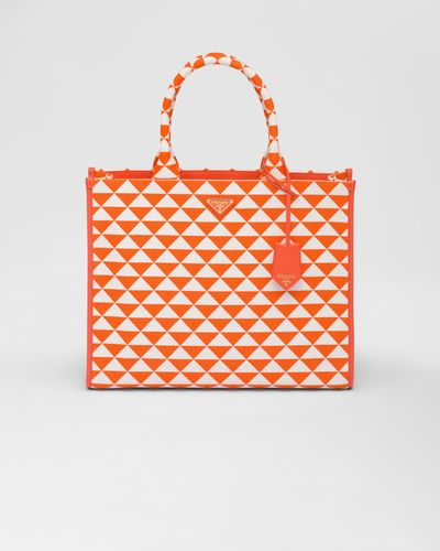 Prada Large Symbole Embroidered Fabric Handbag - Orange