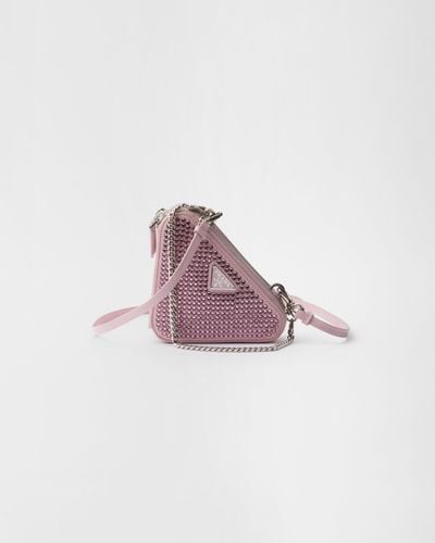 Prada Triangular Embellished Satin And Leather Mini-Pouch - Pink