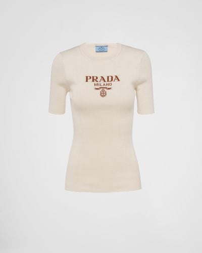 Prada Silk Crew-Neck Sweater With Logo - White