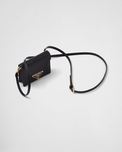 Prada Saffiano Leather Card Holder With Shoulder Strap - Black