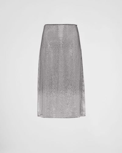 Prada Embroidered Rhinestone Mesh Midi-skirt - Gray
