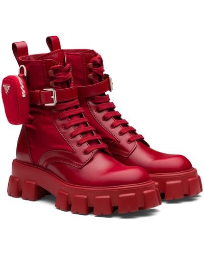 Prada Monolith Brushed Leather And Nylon Boots - Red