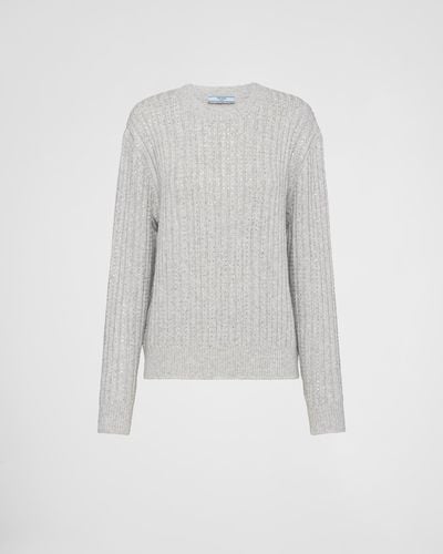 Prada Wool And Cashmere Crew-Neck Sweater With Rhinestones - Gray