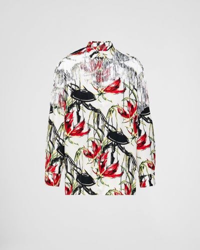 Prada Printed Cotton Shirt With Fringe - White