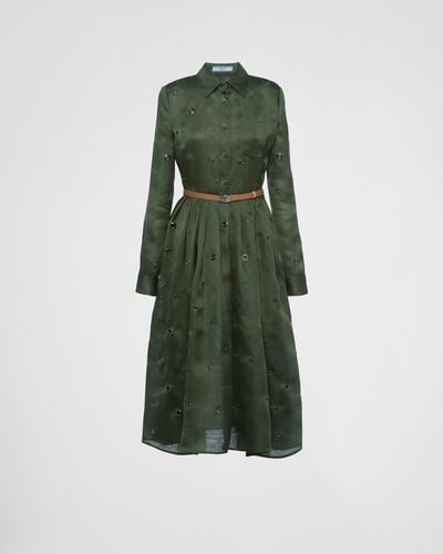 Prada Kleid Aus Organza Mit Ösenverzierung - Grün