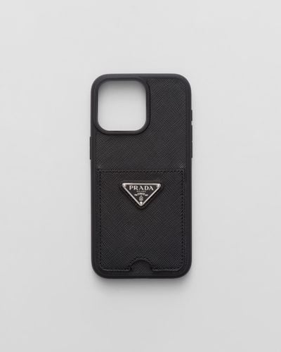 Prada Coque Pour Iphone 15 Pro Max En Cuir Saffiano - Noir