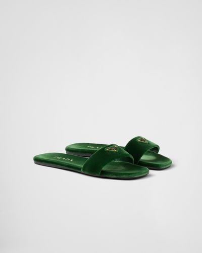 Prada Flat Velvet Slides - Green