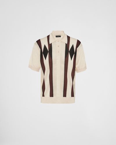 Prada Argyle Knit Cashmere Polo Shirt - Natural