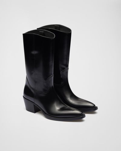Prada Brushed Leather Camperos Boots - Black