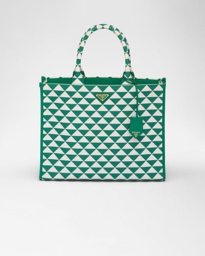 Prada Large Symbole Embroidered Fabric Handbag - Green