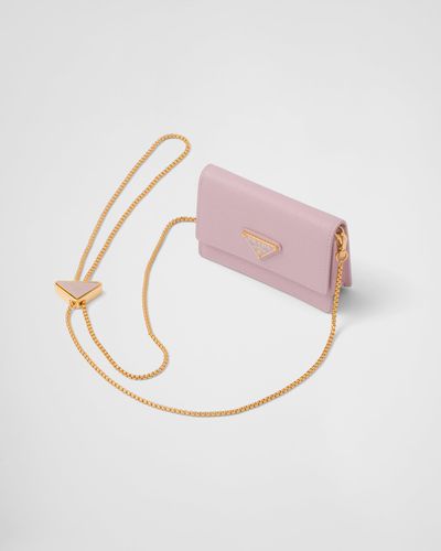 Prada Saffiano Leather Card Holder With Shoulder Strap - Pink