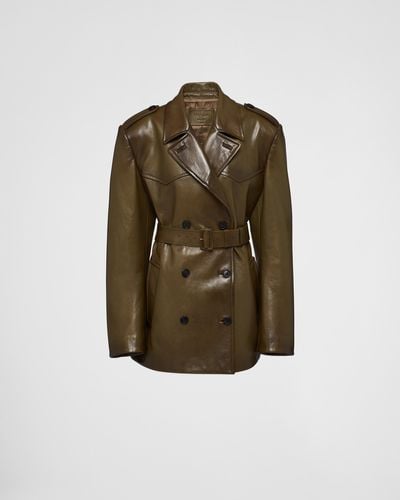 Prada Double-Breasted Leather Coat - Green