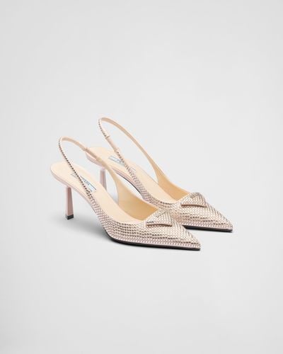Prada Satin Slingback Court Shoes With Crystals - White