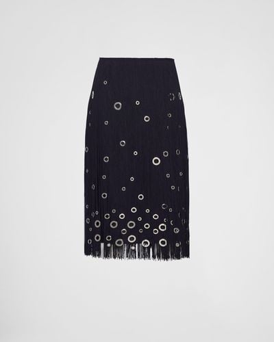 Prada Midi-Skirt With Fringe And Grommet Embellishment - Blue