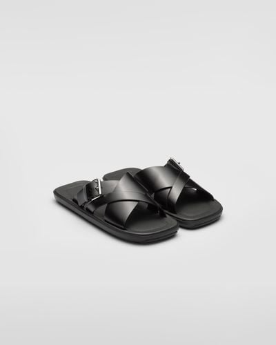 Prada Brushed Leather Slides - Black