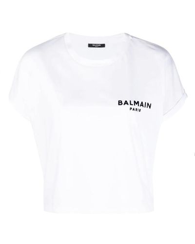 Balmain Flocked Logo Cropped T-shirt - White