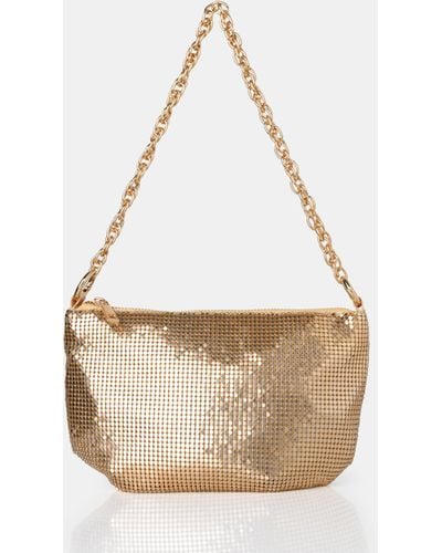 Public Desire The Slouch Gold Diamante Chainmail Baguette Chain Detail Shoulder Bag - Natural