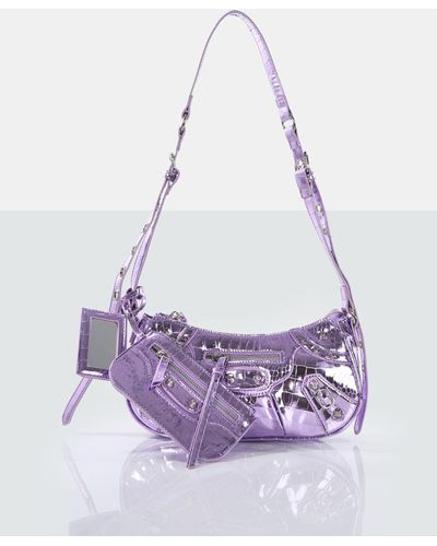 Public Desire The Trackstar Metallic Purple Croc Pu Studded Mirror Zip Detail Handbag