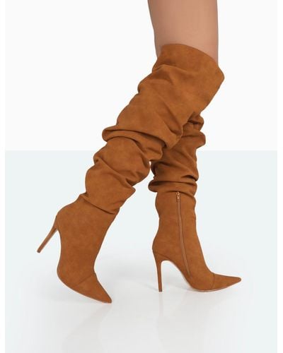 Public Desire Lariza Tan Faux Suede Pointed Toe Stiletto Over The Knee Boots - Brown