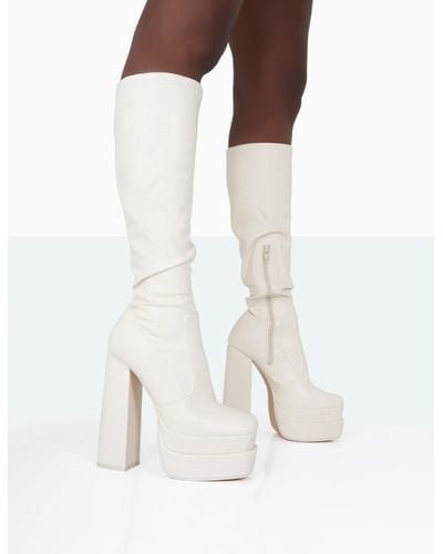 Public Desire Passive Wide Fit Ecru Pu Square Toe Platform Block High Heel Over The Knee Boots - White