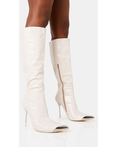 Public Desire Finery Ecru Croc Metal Toe Capped Zip Up Knee High Stiletto Boots - White