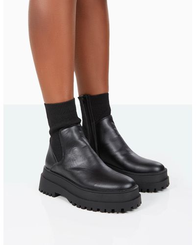 Public Desire Paloma Black Boucle Knit Platform Chunky Sole Sock Ankle Boots