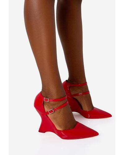 Public Desire Aspiration Red Patent Strappy Pointed Toe Platform Cut Out Wedge Heels