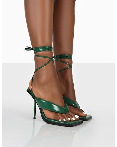 Public Desire Grand Green Toe Thong Front Square Toe Lace Up Stiletto Heels