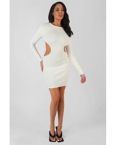 Public Desire Ribbed Cut Out Waist Dress Ivory - White