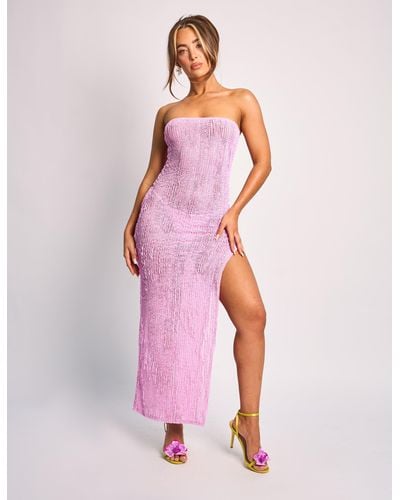 Public Desire Textured Bandeau Side Split Detail Midaxi Dress Lilac - Pink