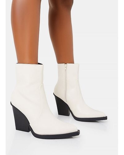 Public Desire Jessie White Pu Western Pointed Toe Black Contrast Sole Block Heeled Ankle Boots