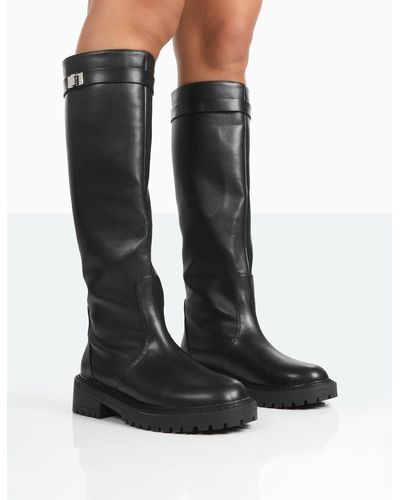 Public Desire More Fun Wide Fit Black Pu Round Toe Chunky Sole Knee High Boots