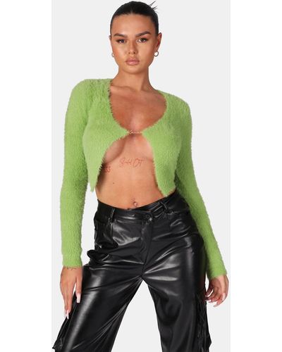 Public Desire Long Sleeve Kaiia Trim Fluffy Knit Top Green