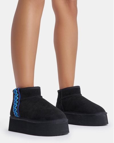 Public Desire Snowfall Black Faux Suede Aztec Trim Ultra Mini Ankle Platform Boots - Blue