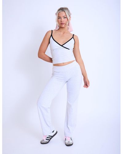 Public Desire Kaiia Fold Over Yoga Trousers Light Grey Marl - White