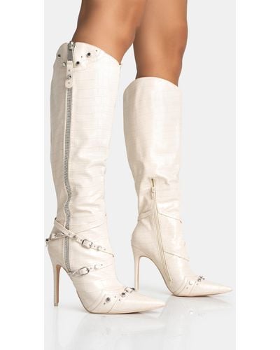 Public Desire Worthy Ecru Croc Studded Zip Detail Pointed Toe Stiletto Knee High Boots - White