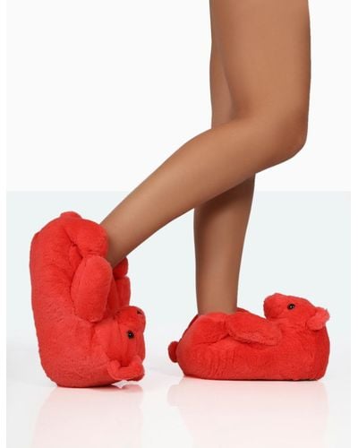 Public Desire Moxy Red Fluffy Faux Fur Bear Shaped Slippers