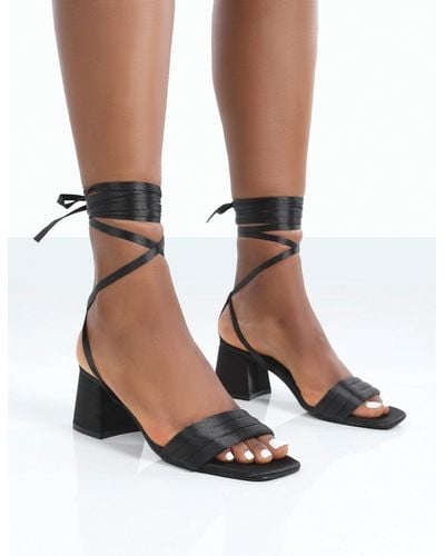 Public Desire Caught Out Black Satin Square Open Toe Lace Up Block Heeled Sandals