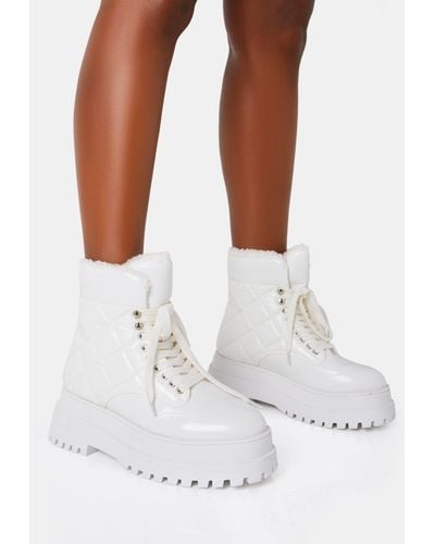 Public Desire Magda White Patent Crinkled Quilted Faux Fur Lining Tie Up Chunky Sole Rounded Toe Ankle Boots
