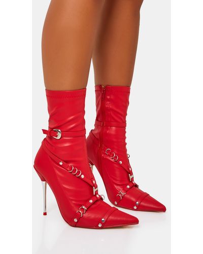 Public Desire Joyride Red Pu Strappy Buckle Harness Detail Pointed Toe Stilleto Sock Ankle Boots