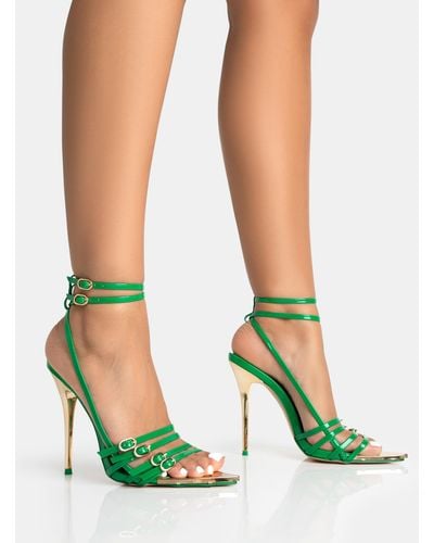 Public Desire Majesty Green Patent Buckles Wrap Around Pointed Toe Gold Stiletto Heel